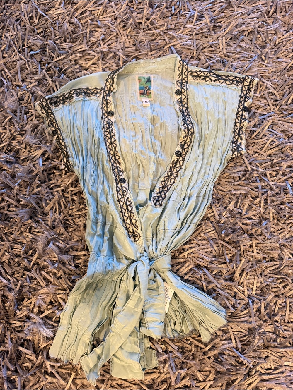 Burning Torch Sage Tie-Front Blouse with Black Embroidery